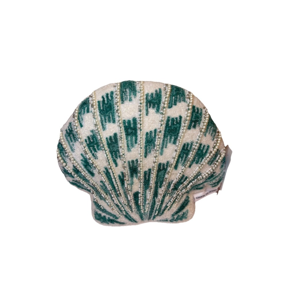 Coastal Collection Beaded Seashell Accent Pillow Beach‎ Ocean Decor Teal Ivory